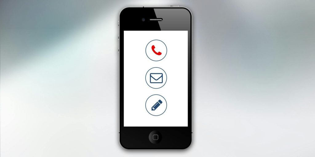 Contacto Smartphone showing communication icons for call, email, and messaging on screen.
